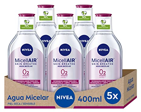 NIVEA Agua micelar Suave para Piel Seca/Sensible en pack de 5 (5 x 400 ml), desmaquillante para limpieza facial con aceite de almendras, desmaquillador de ojos y rostro