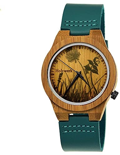 Holzwerk Germany Handgefertigte Designer Damen-Uhr Herren-Uhr Öko Natur Holz-Uhr Leder Armband-Uhr Save The Trees Analog Quarz-Uhr Braun Blau Türkis Blumen Blümchen Natur Motiv