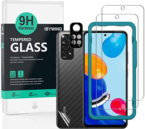 Ibywind 2 pièces Verre Trempé de Protection pour Xiaomi Redmi Note 11 4G 6.43,avec Métal Protecteur D'écran de Caméra,Protection arrière Effet Fibre de Carbone