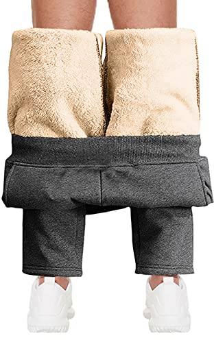 CheChury Jogginghose Herren Winter Fleece Sweathose High Waist Trainingshose Sherpa Gefüttert Warme Männer Sporthose Baumwolle Slim Fit Freizeithose mit Reißverschluss Taschen Relaxing Hose,Grau,M