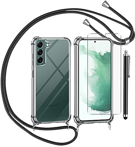 TTSWJBD Coque pour Samsung Galaxy S23+/S23 Plus avec Verre Trempé Protection écran Cordon de Collier Réglable Chaîne Antichoc Transparente Silicone Lanyard Case, Housse Étui de Protection - Noir