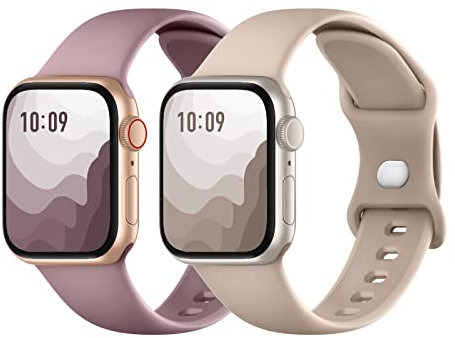 Suitisbest 2er Stück Armband Kompatibel mit Apple Watch Armband 42mm 44mm 45mm 49mm, Silikon Armbänder mit Druckverschluss für Apple Watch 11 10 9 8 SE 7 6 5 4 3 2 1 Ultra, Milchtee/Rauchlila