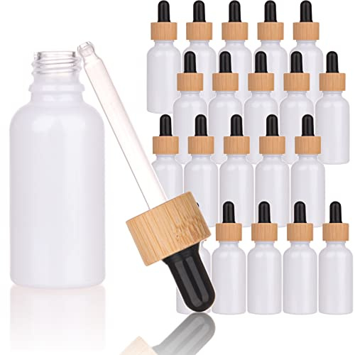COSIDEA 20 bottiglie vuote rotonde in vetro bianco perlato da 30 ml con contagocce in bambù per siero, essenza, olio, imballaggio contenitore (tappo in bambù bianco perlato)