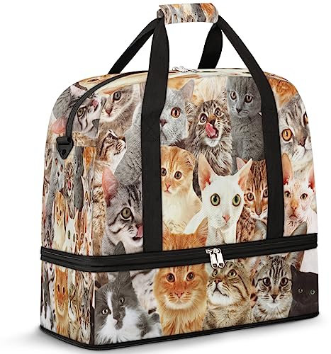 Faltbare Reisetasche mit Katzen-Motiv, 47 l, Wochenendtasche mit Trolley-Hülle, nass getrennte Schulter-Tragetasche für Sport, Fitnessstudio, Reisen, multi, 47L, Reisetasche