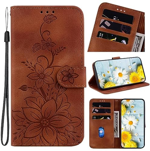 Handyhülle für Nokia 2.3 Hülle Leder, Nokia 2.3 Blumen Flipcase Handytasche Book Tasche Case mit Kartenfach Magnet Schutzhülle für Nokia 2.3 Handy Hüllen braun
