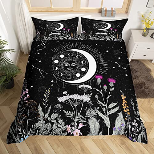 Homemissing Ensemble de Literie de Soleil et de Lune 220x240cm Constellations Housse de Couette pour Enfants Ensemble Garçon Fille Galaxy Astrology Branches Botanique Parure de Lit Noir et Blanc