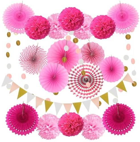 Rosa Party Dekoration Papier - Pompoms, Aufhängen Fächer, Dreieckige Wimpel und hängende Glitter Punkt Papier Girlande für Party Hochzeit Geburtstag Graduierung Deko Weihnachten Karneval 20 Stück