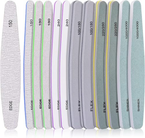 Nail Files, MORGLES 12pcs Professional Emery Boards Set for Acrylic Gel Natural Nails(Include 150,180,240,100/180,220/280,1000/4000 Grit)