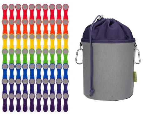 trendfinding Lot de 70 pinces à linge arc-en-ciel grises avec plumes en acier inoxydable et poignée souple, 1 sac à pinces à linge en toile gris Oxford bleu