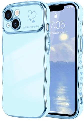 LCHULLE for iPhone 14 Case Cute for Women Girls Wavy, Blue | Luxury Plating Curly Wave Shape Frame with Love Heart Pattern, Raised Camera Protection Back Cover Shockproof Phone Case