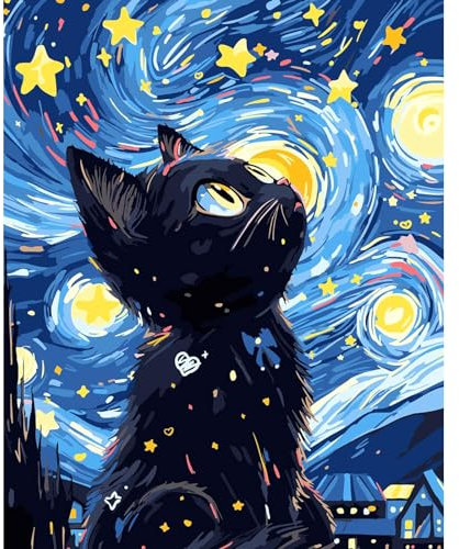 feelive Ciel Etoilé Peinture par Numéro pour Adulte, Chat Kit de Peinture à l'huile sur Toile Bricolage pour Enfant Débutants Avec Pinceau Pigment Acrylique 30x40cm