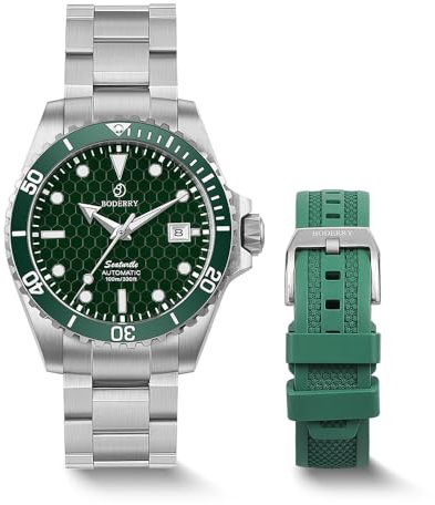 BODERRY Reloj de buceo automático para hombre, movimiento japonés, caja de titanio, cristal de zafiro, resistente al agua hasta 200 m, Super-LumiNova suiza, corona atornillada, verde, Buceo, Lujo