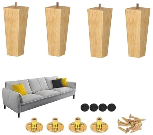 Wood Trapeze Tapered Furniture Leg Set of 4 Mid-Century Wooden Furniture Feet Replacement Legs with Mounting Plate & Screws for Sofa Couch Cabinet Chair Coffee Table Dresser - Clear (10 cm / 4 inch)