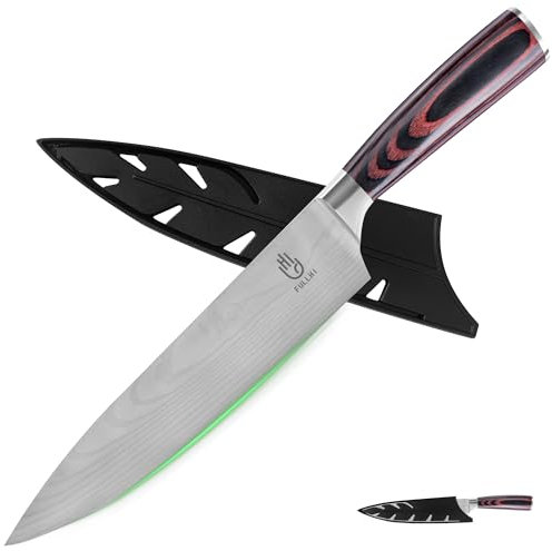 FULLHI Cuchillos de cocinero, Cuchillo Japonés Multicolor de 8 Pulgadas con Guarda, Cuchillo de Cocina Alemán de Acero Inoxidable Premium con funda (Madera Café)