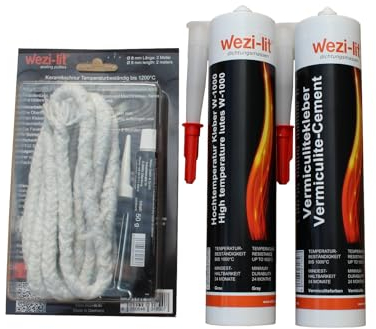 Cordon de poêle Ø 10 mm 2 m + colle + mastic de four W-1000 + colle vermiculite résistante à la chaleur jusqu'à 1000 °C