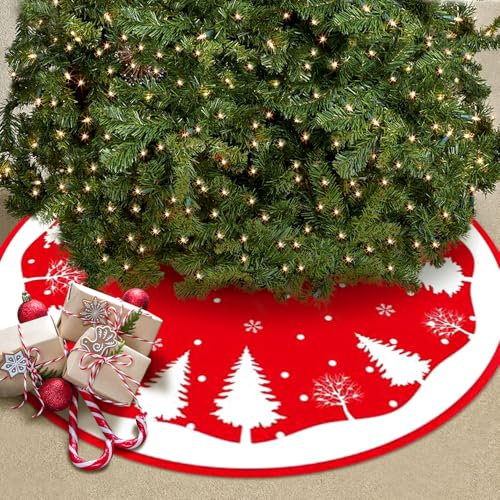 Jupe de Sapin de Noel Rouge,Cache Pied Sapin de Noel Ø 120 cm,Couvre-Pied de Sapin Rond,Cache Pied de Sapin avec Flocon de Neig d'arbre de Noël,pour Décorations de Maison de Vacances de Noël
