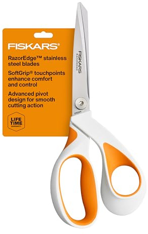 Fiskars RazorEdge Fabric Scissors, Heavy Duty Fabric Shears, Ultra-Sharp Stainless Steel Blades & SoftGrip Ergonomic Handle, 8”, White/Orange