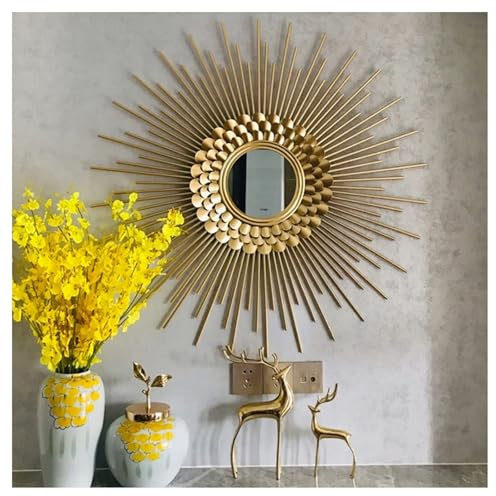 SYLUOQP Sonnenförmiger Wandspiegel dekorativer Spiegel großer Wandmontierter runder Spiegel Golden Metall für Wohnzimmer Schlafzimmer Flur Restaurant Zubehör Accessoires,23.6in