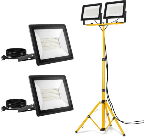 XMTECH LED Baustrahler mit Teleskop-Stativ, IP66 LED Fluter mit Stecker, robuster Arbeitsscheinwerfer für Baustelle, Garage und Außenbeleuchtung (2 * 100W Warmweiß + Stativ)