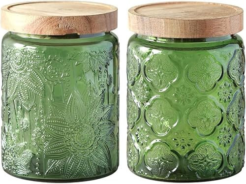 YOUSIS Glass Storage Jars with Wooden Lid, 2 Pack Airtight Food Jars Set, Sugar Bowl Storage Canisters for Coffee Beans, Loose Tea, Sugar (Green Begonia Sunflower,Round,700ml/24oz)
