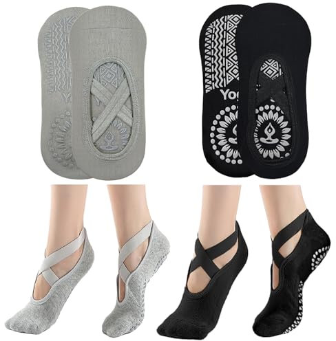 KEYRI 2 Paar Yoga Pilates Socke Rutschfeste Socken für Frauen Mädchen, Grippige Socken BodenSocke Anti-Rutsch Griffe Riemen, Einheitsgröße Atmungsaktive Socken für Fitness Ballett