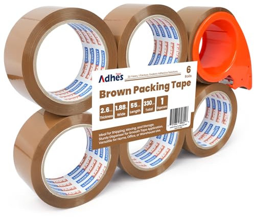 ADHES Brown Packing Tape with Dispenser, 2.6Mil 48mm x 50m, 6 Rolls Heavy Duty Brown Shipping Tape Strong Sticky Tape for Packing Boxes and Parcels