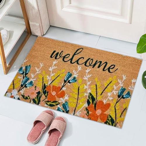 Fußmatte für Außen und Innen - Welcome Blumenwiese - 40x 60 cm Blumen Schmutzfangmatte aus Kokos - Antirutsch Fußabtreter Wetterfest und rutschfest - Türmatte - Braun Bunt (Bronze)