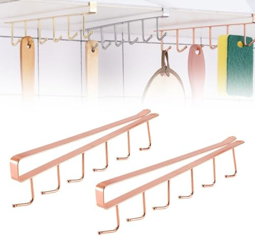 sifteng 2 Pcs Mug Hanger Mug Hooks Under Cabinet 6 Hooks, Coffee Mug Holder Hooks Hanging Rack Under Shelf for Cups Kitchen Utensils, Fit for 0.9 in Thickness Shelf or Less (Rose Gold)