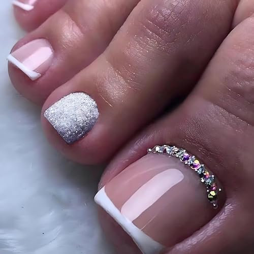 24Pcs French Square Press on Nails Short Fake Toenails Glossy Rhinestones Stick on Toenails for Women Nude Glitter Acrylic Full Cover French Tip Summer