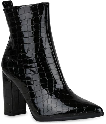 VAN HILL Damen Klassische Stiefeletten Leicht Gefüttert mit Blockabsatz Lack Kroko