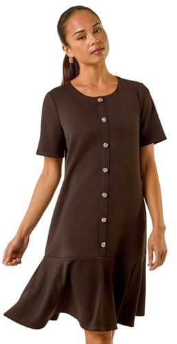 Roman Petite Flute Hem Stretch Dress for Women UK - Ladies Everyday Autumn Winter Round Neckline Comfy Soft Evening Vacation Work Party Night Out