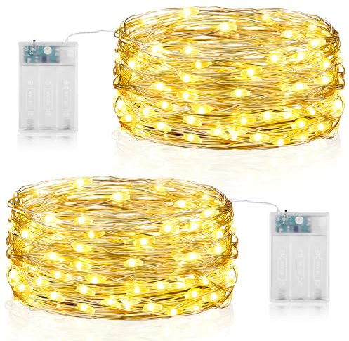 Forepin Lucine Led Decorative a Batteria con Timer, 2 Pezzi 5M 50LED Filo Luci Led Decorative, Luci Natale Batteria Impermeabile per Interni e Esterni, Feste, Matrimonio, Bianco Caldo