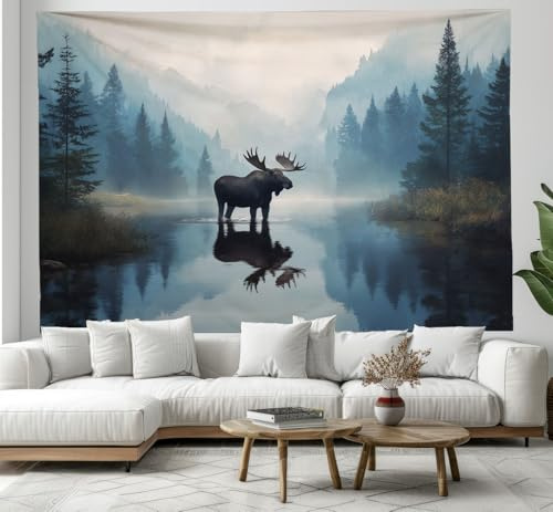 CEDNXOER Wandteppich Elch Wald Berge 100x150 cm Wandteppiche Abstrakt Tier 3d Druck Wandbehang Tapisserie Wandtuch für Wohnzimmer Schlafzimmer Wohnheim Wanddeko Dunkelblau