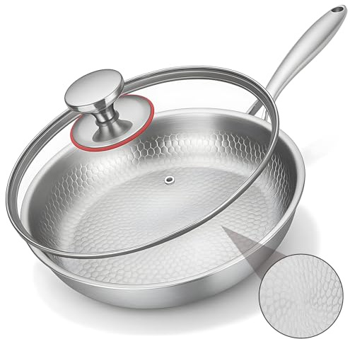 VeftBltrem Sartén de titanio con tapa, sartenes de titanio con patrón martillado para cocinar, resistente a los arañazos, antiadherente, sartén de titanio Pro Inducción, para cocina y camping