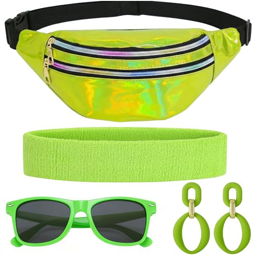 80er Jahre Bauchtasche Damen für Fasching & Karneval - Neon Party Accessoires 80er Kostüm Outfit mit Bauchtasche, Stirnband, Ohrringen, Brille (Grün)
