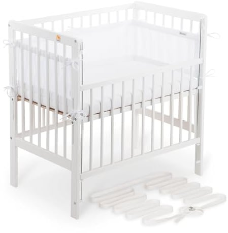 FabiMax Boxspring Baby Beistellbett Flex 90x55, TÜV geprüft, aus Buchenholz weiß lackiert, mit innovativem verstellbarem Seitengitter, passend für Boxspringbetten (Matratze Comfort, Weiß)