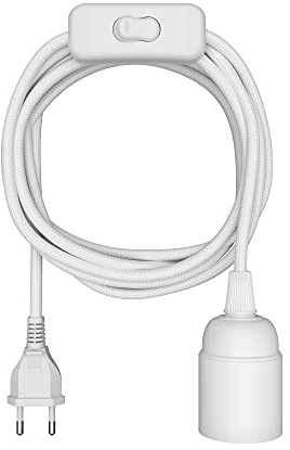 ledscom.de LEHA Textilkabel mit Stecker und Schalter, weiß, 3 m, E27 Lampenfassung, max. 60 W
