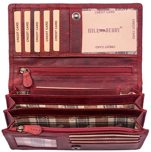 Hill Burry Geldbörse Damen | Echt Leder Portemonnaie mit RFID-Schutz | Frauen Geldbeutel aus echtem Leder | Hochwertige Vintage Langbörse | Damenbörse (Rot)