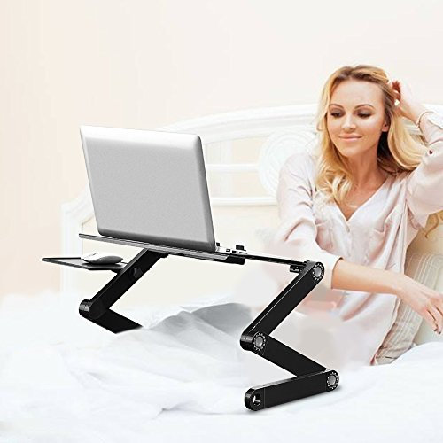 360° Ajustable y Plegable Escritorio para Ordenador Portátil Mesa Soporte para Trabajar o Comer en Cama con Doble Ventilador + Tablero de Ratón (Negro)