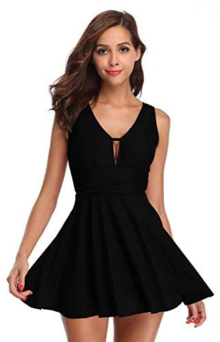 SHEKINI Donna Costume da Bagno con Gonna One Piece Bikini Imbottito Costume Intero con Coppe Soffici Ruched Skirted Swimwear con Shorts Costume Mare Sport Gonna da Spiaggia (M,Nero)