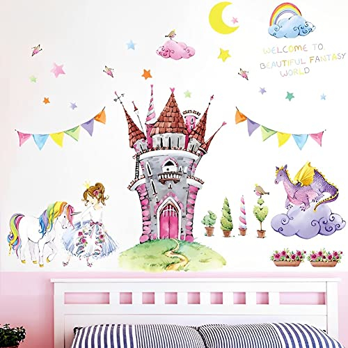 WandSticker4U®- [Aquafarben] Wandtattoo PRINZESSIN SCHLOSS Mädchen XXL (105x90 cm) I Wandsticker Kinderzimmer Mädchen Blumen rosa Einhorn Elfen I Wandaufkleber Kinderzimmer Deko Mädchen GROß