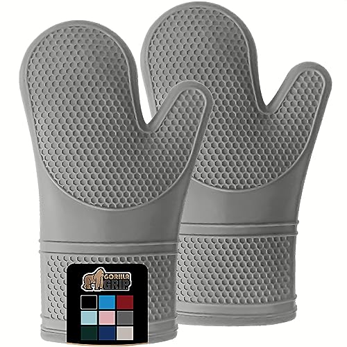 GORILLA GRIP Lot de 2 gants de cuisine en silicone souple sans BPA, résistants à la chaleur et imperméables, doublure en coton épais, prise en main flexible pour la cuisson, les grillades, 31,5 x 21,5