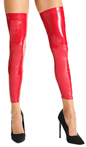 7Heaven Rote wetlook Lack Strümpfe Damen Stockings Beinstulpen selbsttragend dehnbar aus Vinyl-Material mit Reißverschluss
