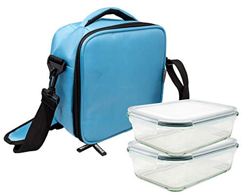 NERTHUS FIH 694 Lunch Bag Azul Claro + 2 Herméticos de Cristal 640 ml, 2 herméticos de Cristal de tamaño Mediano, 22 x 22 x 12 cm