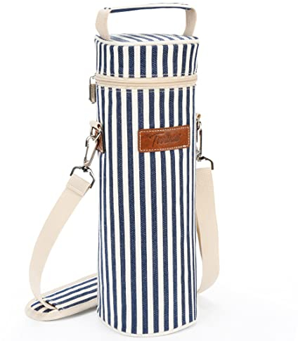 Tirrinia Single Wine Cooler Bags - Insulated & Padded Portable Wine Gift Tote Carrier for Travel, BYOB Restaurant, Wine Tasting, Party, Great Gift for Wine Lover, Blue Stripe