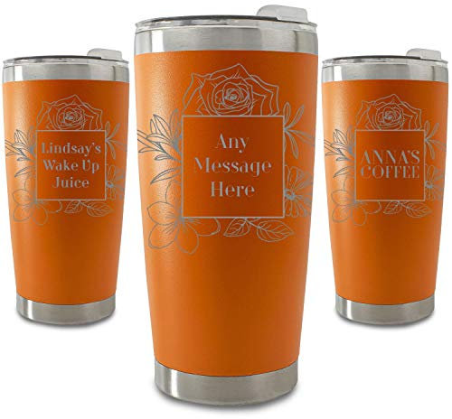 Personalised Engraved 500ml Orange Travel Cup with Floral Square Design, Personalise with Any Message or Name