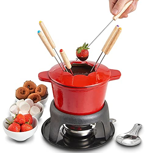 KELUNIS Cast Iron Fondue Pot Set, Enamel Chocolate Cheese Melting Pot with 6 Color Coded Fondue Forks, Fondue Burner And Fondue Pot Base, 11-Piece, Red