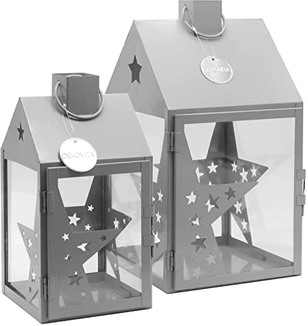 Dekovita 2er-Set Metall-Laterne 30cm/38cm - Gartenlaterne mit Glas-Scheiben - Windlicht Sterne Lichthaus
