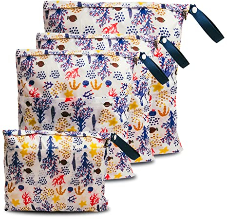 4 Stück Wet bag wasserdichte Windeltasche für unterwegs Nassbeutel Kindergarten Wetbag Kindergarten Wäschebeutel kita Wetbag Stoffwindeln Wäschebeutel Kindergarten Wasserdicht Windeltasche für Baby