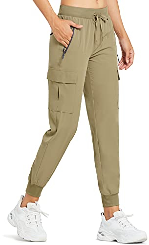 Comallan Damen Cargo Jogginghose Leichte, schnell trocknende Wanderhose Sportlich Workout Lounge Casual Outdoor Hose-Khaki XL